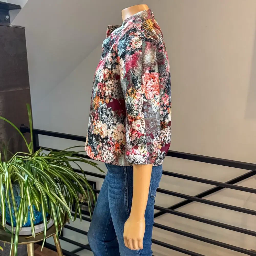 Vintage Blue Les Copains Jacquard Crop Floral Evening Jacket, Size US 8 / M / 44